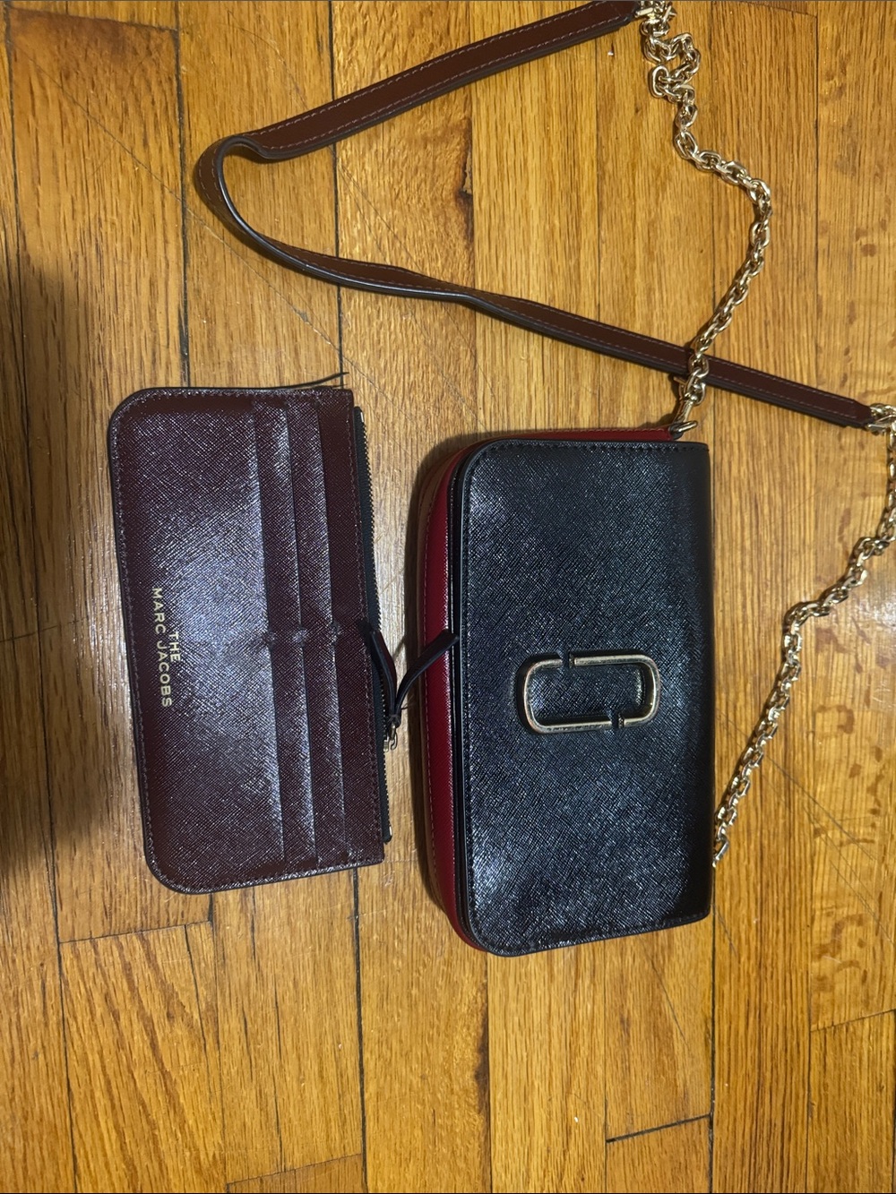 Marc Jacobs Black and Burgundy Leather Camera Bag with Matching Card Case